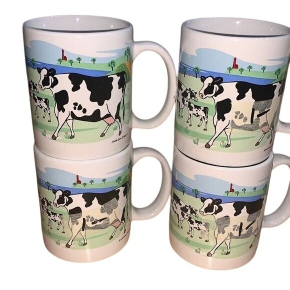 Set Of 4 Ceramic Mugs With Cow & Farm Scene Design